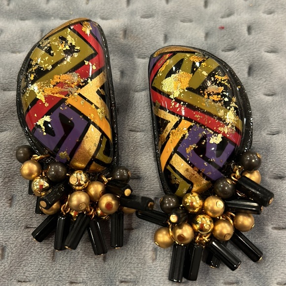 Vintage IKARAMI Hand-painted Tribal Pattern Earrings-Boutique - Picture 4 of 5